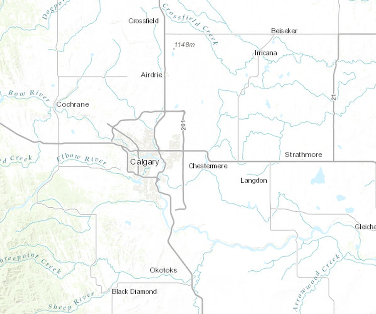 Geographic map of the Calgary region, including Airdrie, Cochrane, Chestermere, Okotoks and Strathmore