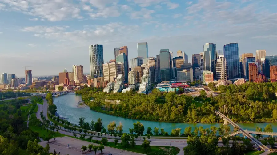 Downtown Calgary and the Bow River on a clear morning
