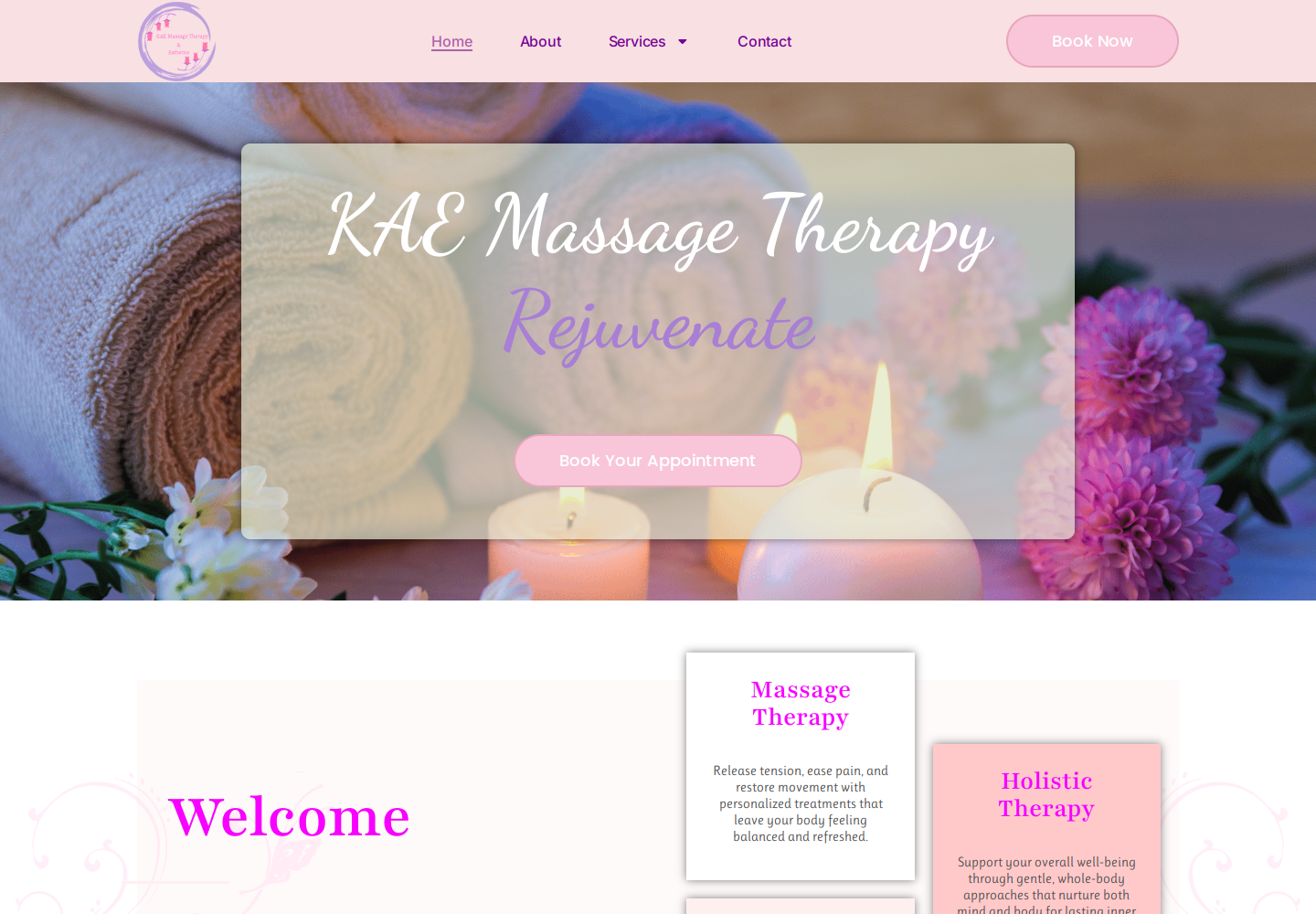 KAE Massage Therapy website preview with service navigation and appointment buttons