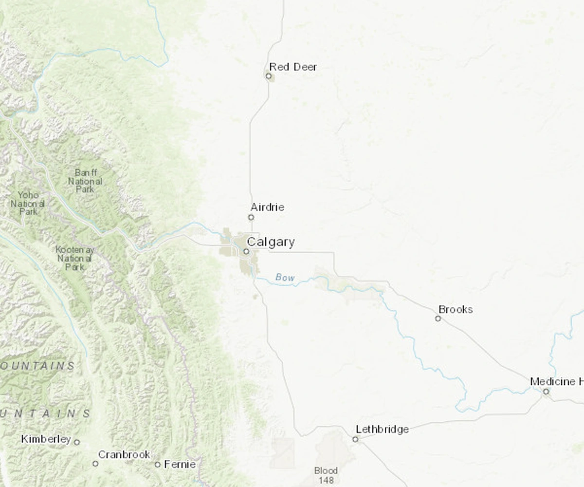 Geographic map of Southern Alberta, including Calgary, Red Deer, Lethbridge and Medicine Hat
